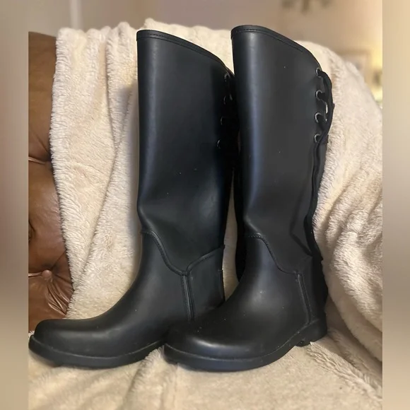 Coach Black Winter Rain Boots with Lace-Up Detail - Picture 2 of 8